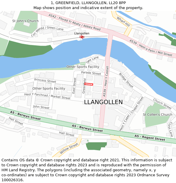 1, GREENFIELD, LLANGOLLEN, LL20 8PP: Location map and indicative extent of plot