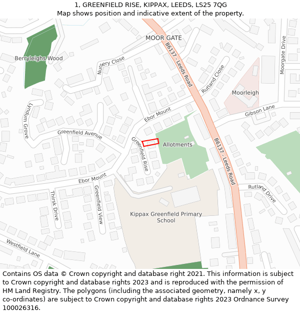 1, GREENFIELD RISE, KIPPAX, LEEDS, LS25 7QG: Location map and indicative extent of plot