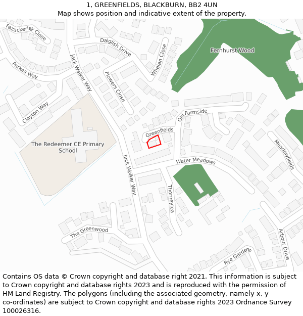 1, GREENFIELDS, BLACKBURN, BB2 4UN: Location map and indicative extent of plot