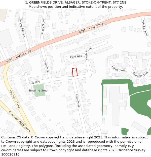 1, GREENFIELDS DRIVE, ALSAGER, STOKE-ON-TRENT, ST7 2NB: Location map and indicative extent of plot