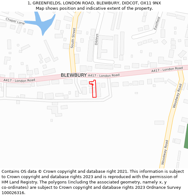 1, GREENFIELDS, LONDON ROAD, BLEWBURY, DIDCOT, OX11 9NX: Location map and indicative extent of plot
