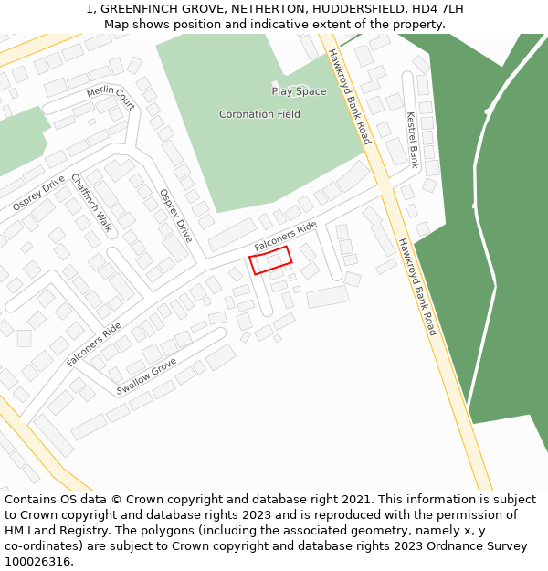 1, GREENFINCH GROVE, NETHERTON, HUDDERSFIELD, HD4 7LH: Location map and indicative extent of plot