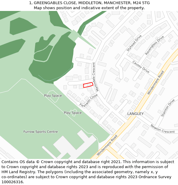 1, GREENGABLES CLOSE, MIDDLETON, MANCHESTER, M24 5TG: Location map and indicative extent of plot