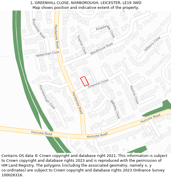 1, GREENHILL CLOSE, NARBOROUGH, LEICESTER, LE19 3WD: Location map and indicative extent of plot