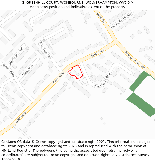 1, GREENHILL COURT, WOMBOURNE, WOLVERHAMPTON, WV5 0JA: Location map and indicative extent of plot