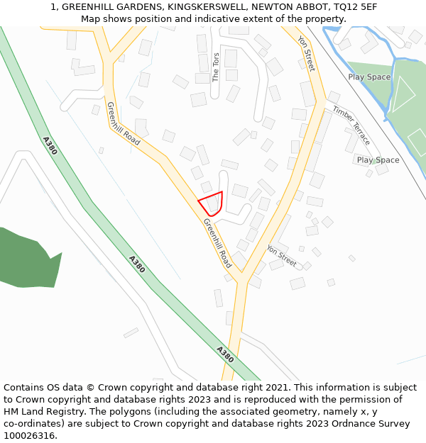 1, GREENHILL GARDENS, KINGSKERSWELL, NEWTON ABBOT, TQ12 5EF: Location map and indicative extent of plot