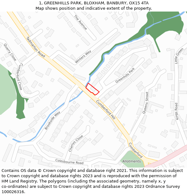 1, GREENHILLS PARK, BLOXHAM, BANBURY, OX15 4TA: Location map and indicative extent of plot
