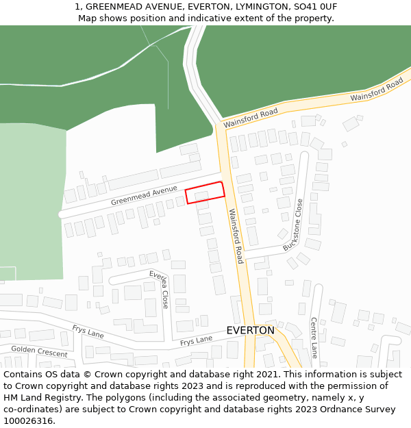 1, GREENMEAD AVENUE, EVERTON, LYMINGTON, SO41 0UF: Location map and indicative extent of plot