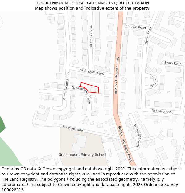 1, GREENMOUNT CLOSE, GREENMOUNT, BURY, BL8 4HN: Location map and indicative extent of plot