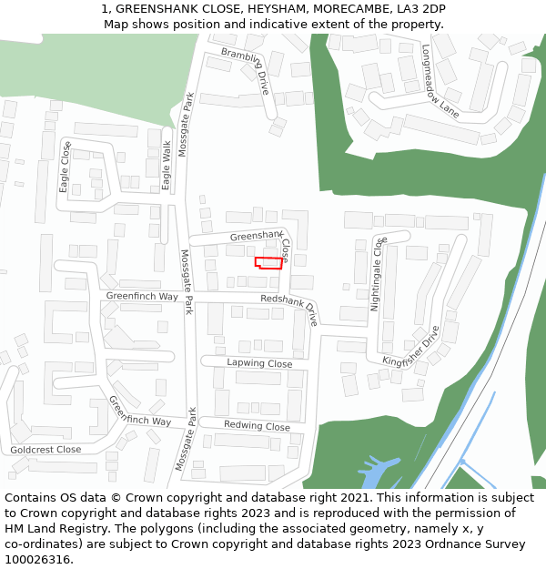 1, GREENSHANK CLOSE, HEYSHAM, MORECAMBE, LA3 2DP: Location map and indicative extent of plot