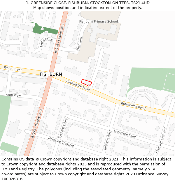 1, GREENSIDE CLOSE, FISHBURN, STOCKTON-ON-TEES, TS21 4HD: Location map and indicative extent of plot