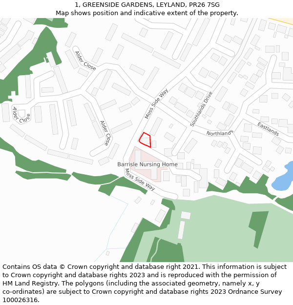 1, GREENSIDE GARDENS, LEYLAND, PR26 7SG: Location map and indicative extent of plot