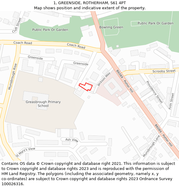 1, GREENSIDE, ROTHERHAM, S61 4PT: Location map and indicative extent of plot