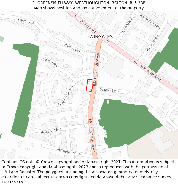 1, GREENSMITH WAY, WESTHOUGHTON, BOLTON, BL5 3BR: Location map and indicative extent of plot