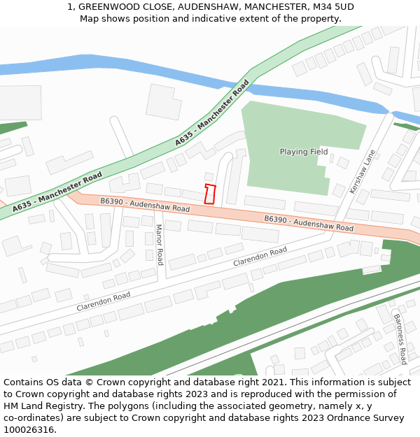 1, GREENWOOD CLOSE, AUDENSHAW, MANCHESTER, M34 5UD: Location map and indicative extent of plot