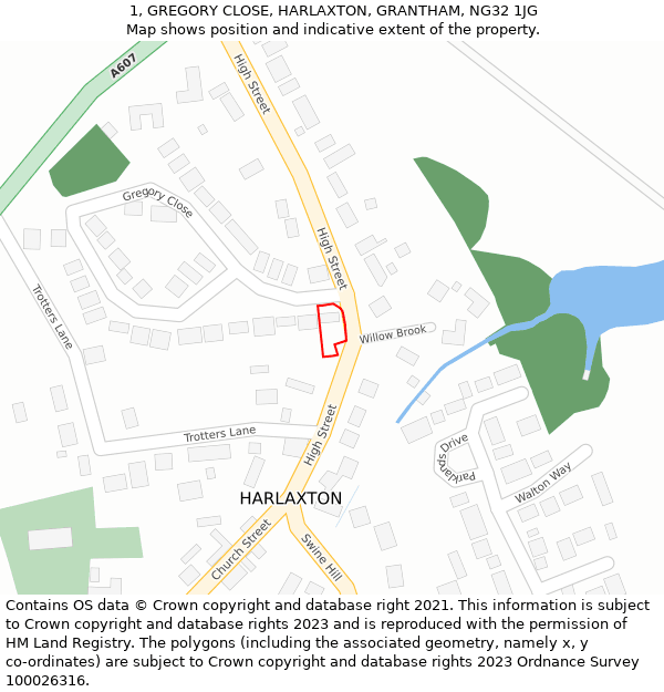 1, GREGORY CLOSE, HARLAXTON, GRANTHAM, NG32 1JG: Location map and indicative extent of plot