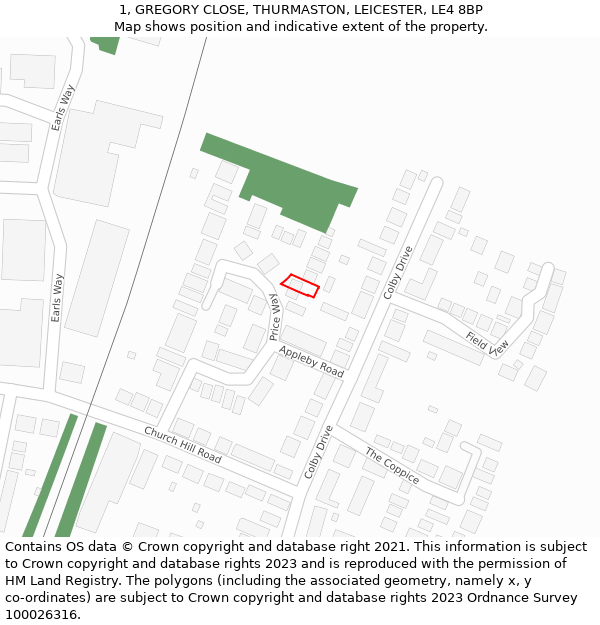 1, GREGORY CLOSE, THURMASTON, LEICESTER, LE4 8BP: Location map and indicative extent of plot