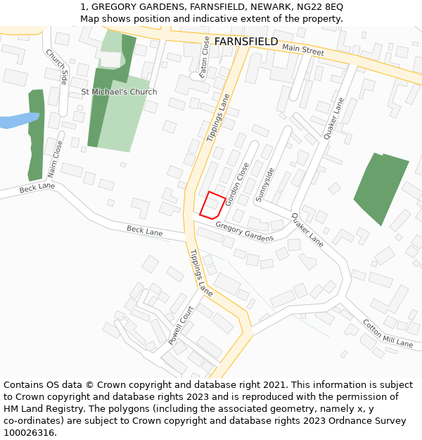 1, GREGORY GARDENS, FARNSFIELD, NEWARK, NG22 8EQ: Location map and indicative extent of plot