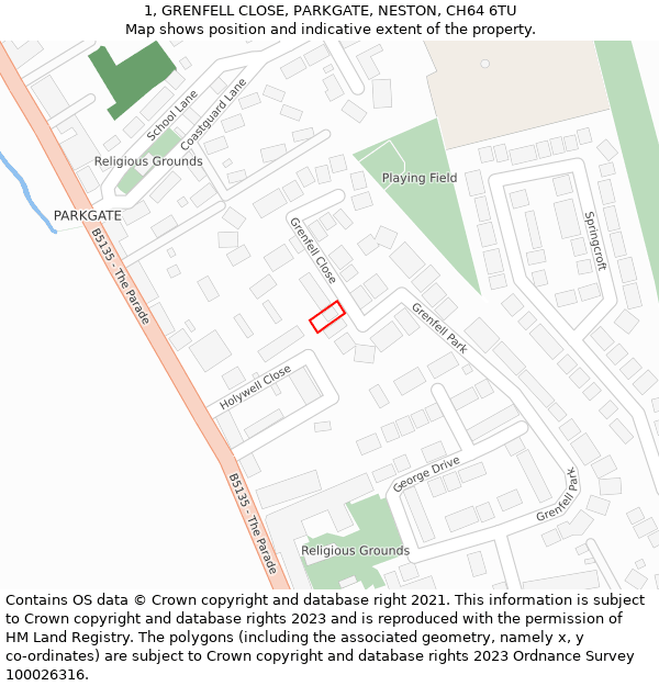 1, GRENFELL CLOSE, PARKGATE, NESTON, CH64 6TU: Location map and indicative extent of plot