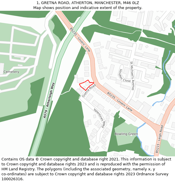 1, GRETNA ROAD, ATHERTON, MANCHESTER, M46 0LZ: Location map and indicative extent of plot