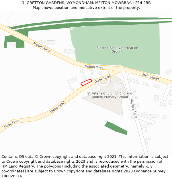 1, GRETTON GARDENS, WYMONDHAM, MELTON MOWBRAY, LE14 2BB: Location map and indicative extent of plot