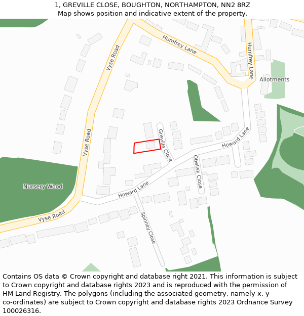1, GREVILLE CLOSE, BOUGHTON, NORTHAMPTON, NN2 8RZ: Location map and indicative extent of plot