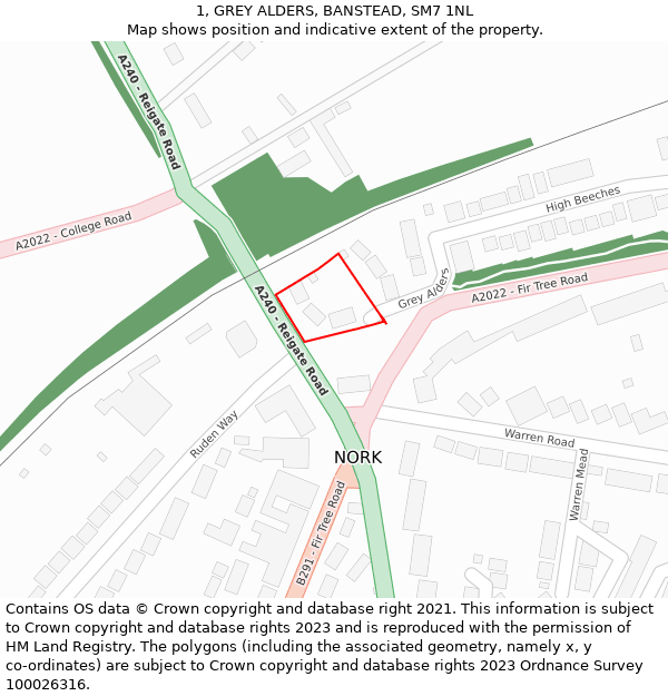 1, GREY ALDERS, BANSTEAD, SM7 1NL: Location map and indicative extent of plot