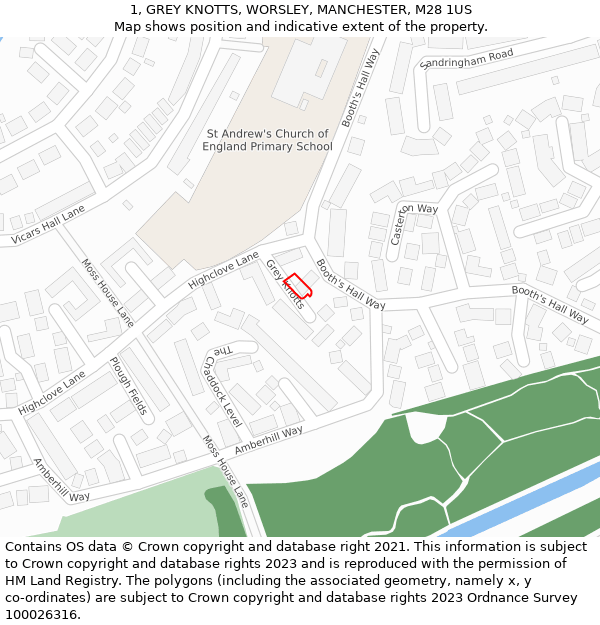 1, GREY KNOTTS, WORSLEY, MANCHESTER, M28 1US: Location map and indicative extent of plot