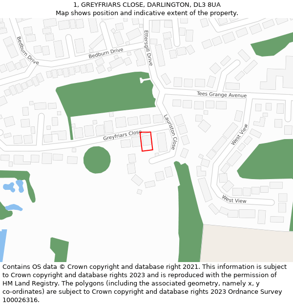 1, GREYFRIARS CLOSE, DARLINGTON, DL3 8UA: Location map and indicative extent of plot