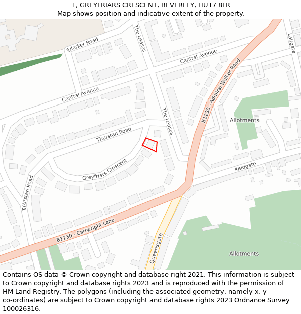 1, GREYFRIARS CRESCENT, BEVERLEY, HU17 8LR: Location map and indicative extent of plot
