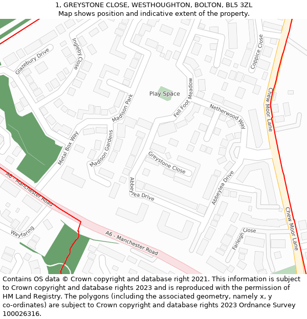 1, GREYSTONE CLOSE, WESTHOUGHTON, BOLTON, BL5 3ZL: Location map and indicative extent of plot
