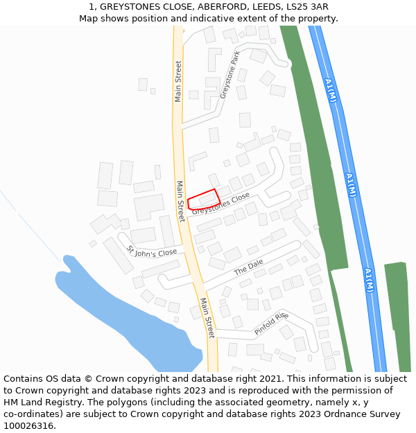 1, GREYSTONES CLOSE, ABERFORD, LEEDS, LS25 3AR: Location map and indicative extent of plot