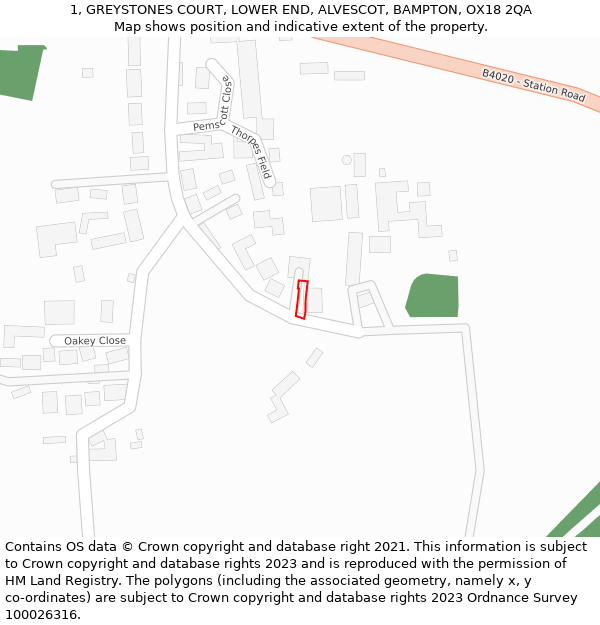 1, GREYSTONES COURT, LOWER END, ALVESCOT, BAMPTON, OX18 2QA: Location map and indicative extent of plot