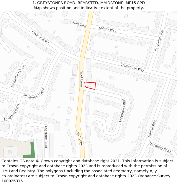 1, GREYSTONES ROAD, BEARSTED, MAIDSTONE, ME15 8PD: Location map and indicative extent of plot