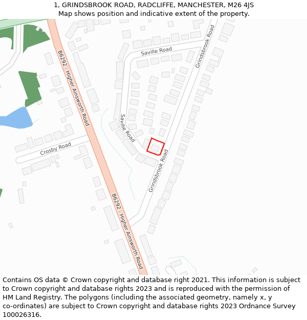 1, GRINDSBROOK ROAD, RADCLIFFE, MANCHESTER, M26 4JS: Location map and indicative extent of plot