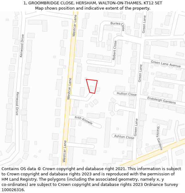 1, GROOMBRIDGE CLOSE, HERSHAM, WALTON-ON-THAMES, KT12 5ET: Location map and indicative extent of plot