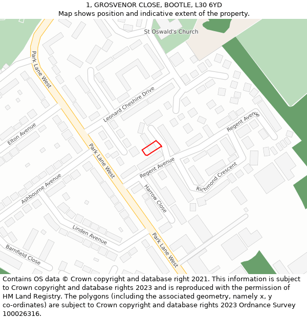 1, GROSVENOR CLOSE, BOOTLE, L30 6YD: Location map and indicative extent of plot