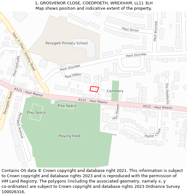 1, GROSVENOR CLOSE, COEDPOETH, WREXHAM, LL11 3LH: Location map and indicative extent of plot