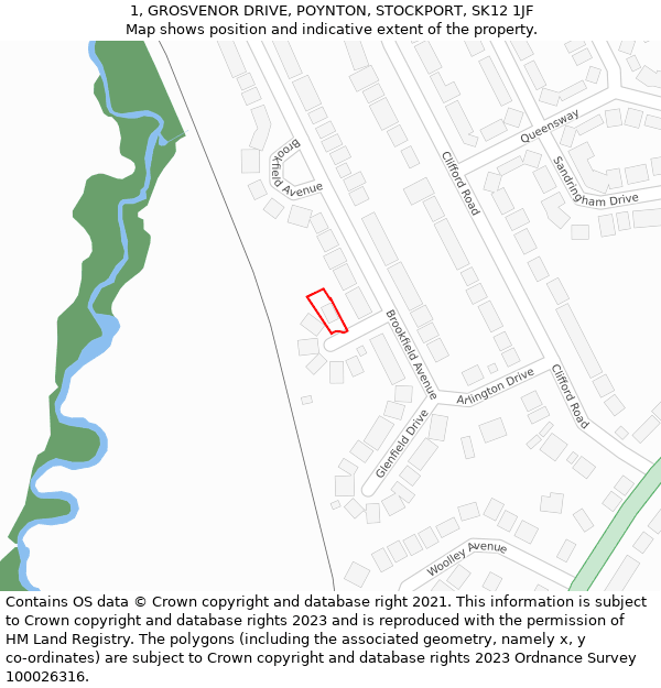 1, GROSVENOR DRIVE, POYNTON, STOCKPORT, SK12 1JF: Location map and indicative extent of plot
