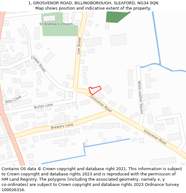 1, GROSVENOR ROAD, BILLINGBOROUGH, SLEAFORD, NG34 0QN: Location map and indicative extent of plot