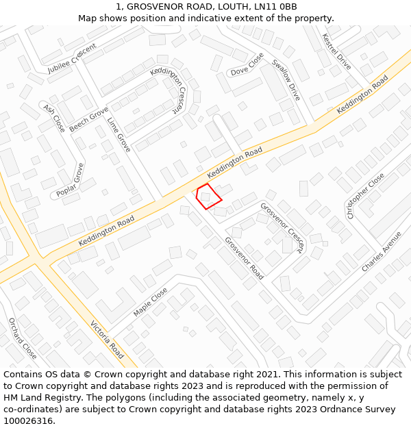 1, GROSVENOR ROAD, LOUTH, LN11 0BB: Location map and indicative extent of plot