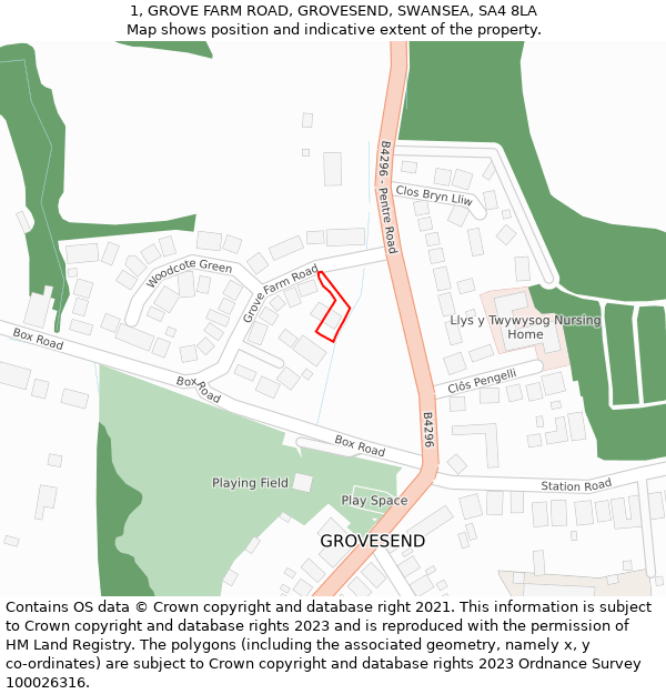 1, GROVE FARM ROAD, GROVESEND, SWANSEA, SA4 8LA: Location map and indicative extent of plot