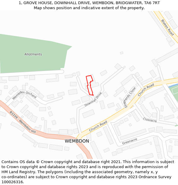 1, GROVE HOUSE, DOWNHALL DRIVE, WEMBDON, BRIDGWATER, TA6 7RT: Location map and indicative extent of plot