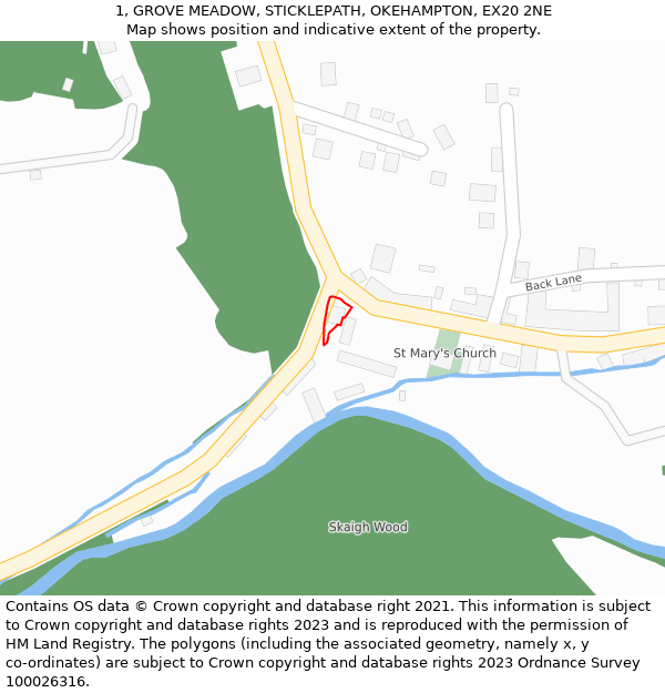 1, GROVE MEADOW, STICKLEPATH, OKEHAMPTON, EX20 2NE: Location map and indicative extent of plot