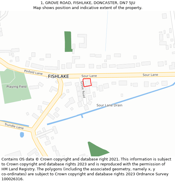 1, GROVE ROAD, FISHLAKE, DONCASTER, DN7 5JU: Location map and indicative extent of plot