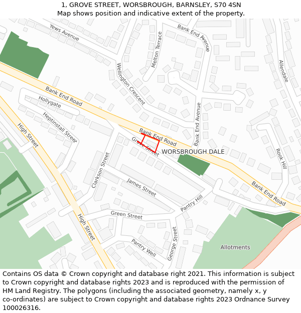1, GROVE STREET, WORSBROUGH, BARNSLEY, S70 4SN: Location map and indicative extent of plot