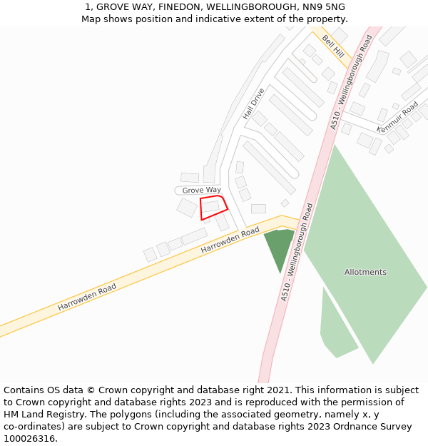 1, GROVE WAY, FINEDON, WELLINGBOROUGH, NN9 5NG: Location map and indicative extent of plot