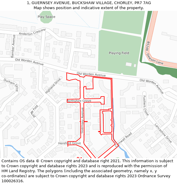 1, GUERNSEY AVENUE, BUCKSHAW VILLAGE, CHORLEY, PR7 7AG: Location map and indicative extent of plot