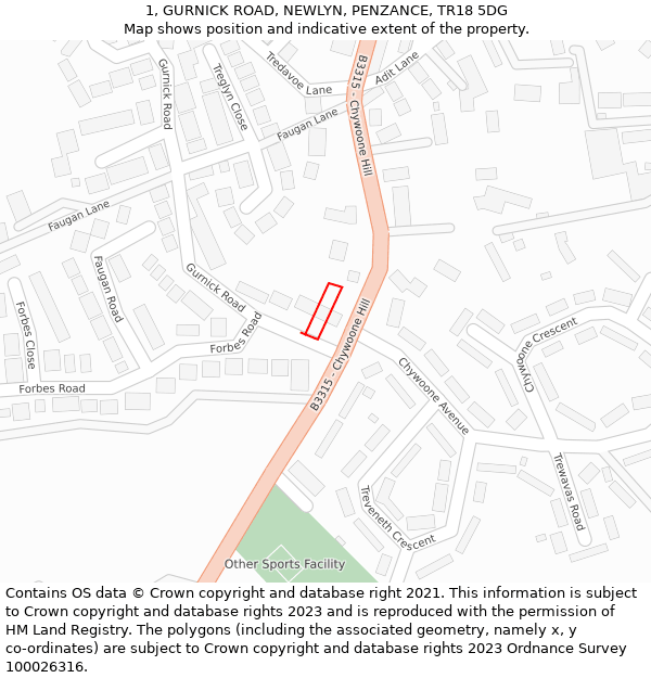 1, GURNICK ROAD, NEWLYN, PENZANCE, TR18 5DG: Location map and indicative extent of plot