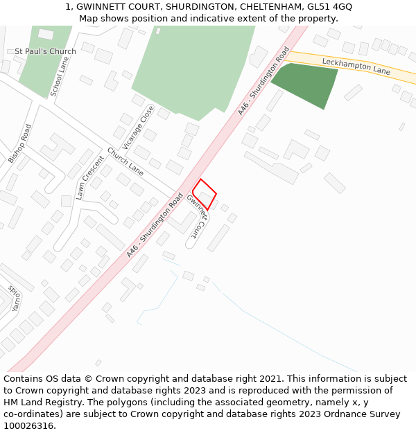 1, GWINNETT COURT, SHURDINGTON, CHELTENHAM, GL51 4GQ: Location map and indicative extent of plot